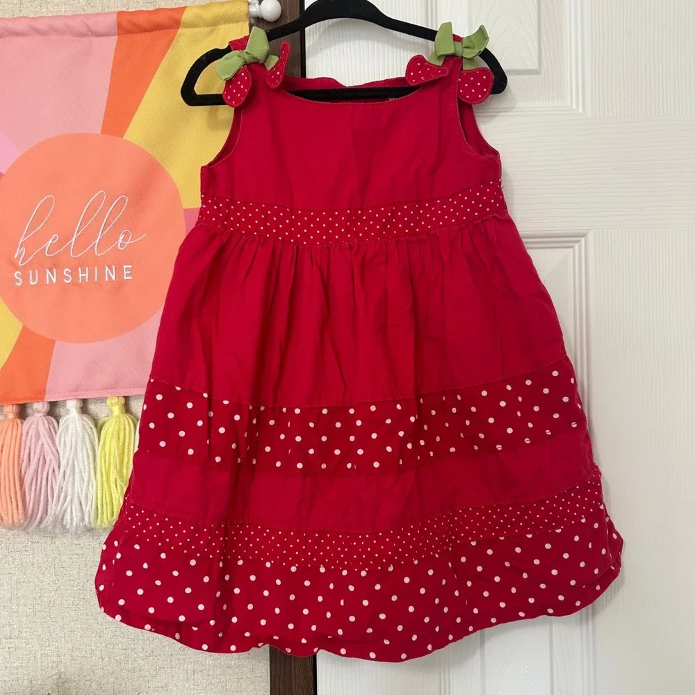 Gymboree Girls Red Strawberry Polka Dot Tiered Cotton Dress 2T Summer Fruit